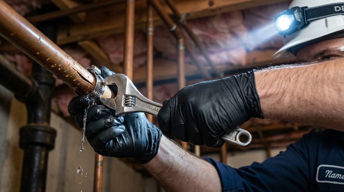Emergency pipe clamp repair being performed by a Johns Plumbing LLC plumber in Santa Paula