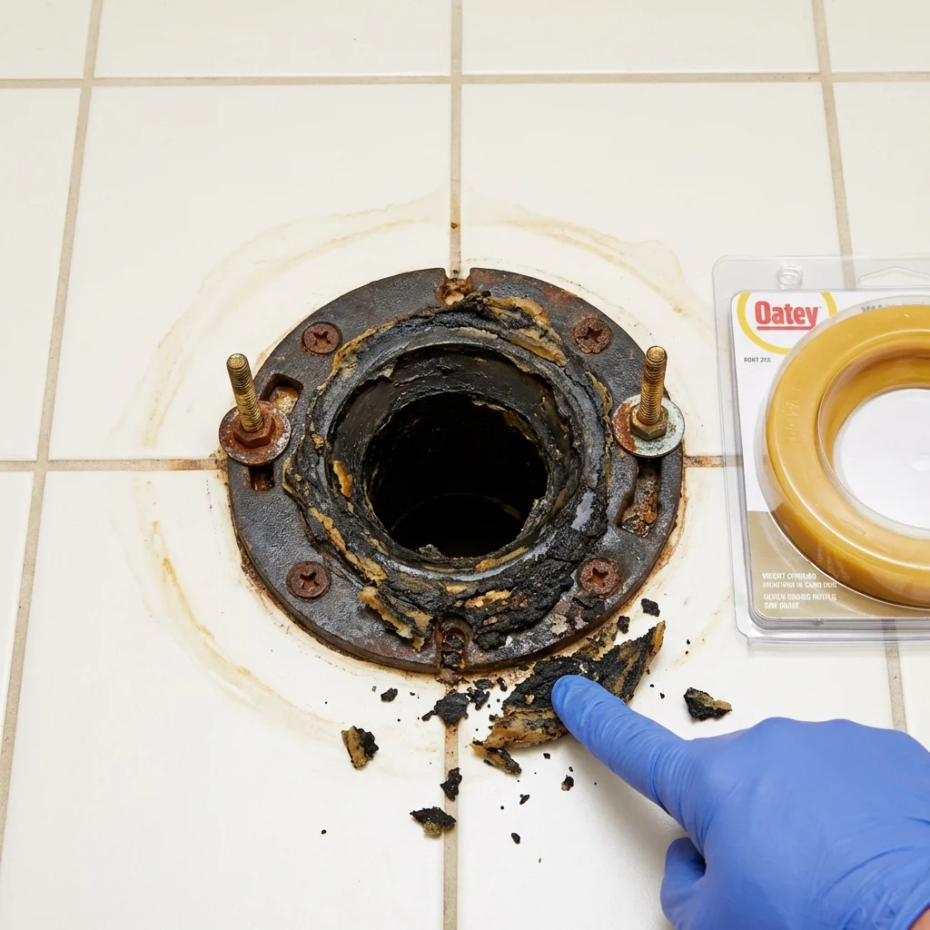 Failed wax ring showing water seepage at the base of a toilet in a Santa Paula, CA home