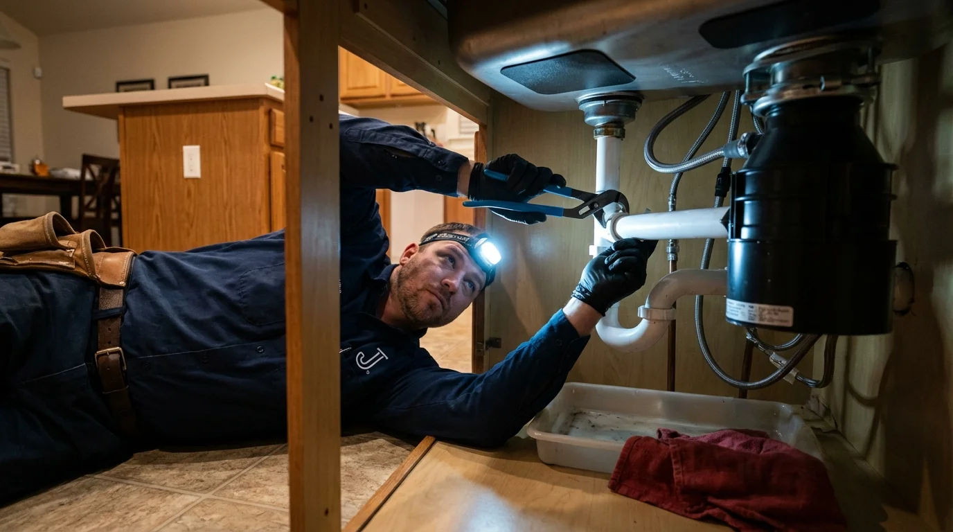 P-trap and supply line connections under a kitchen sink showing a common leak point in Santa Paula, CA